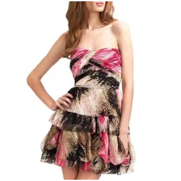 Diane von Furstenberg Strapless Ruffle Mini Dress sz 6 Pink Brown Animal Print - Picture 1 of 6